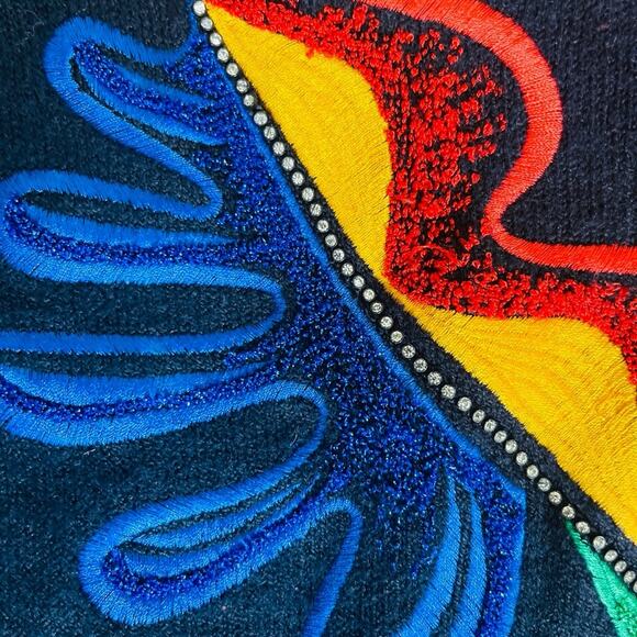 Escada VTG Margaretha Ley Abstract Rhinestone Silk Sweater Navy Size 36/S - Picture 5 of 6